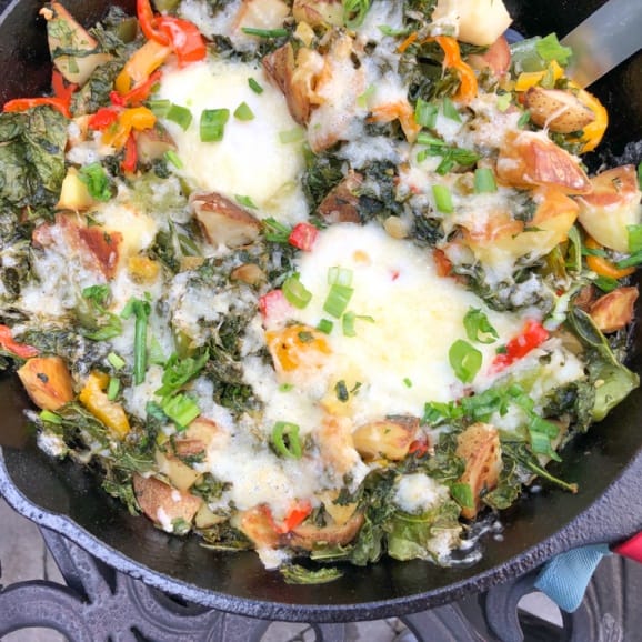 kale and potato hash with eggs and cheddar