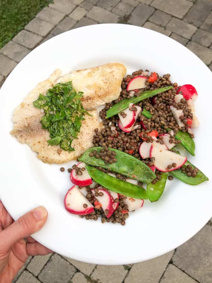 tilapia with lentils and snow peas
