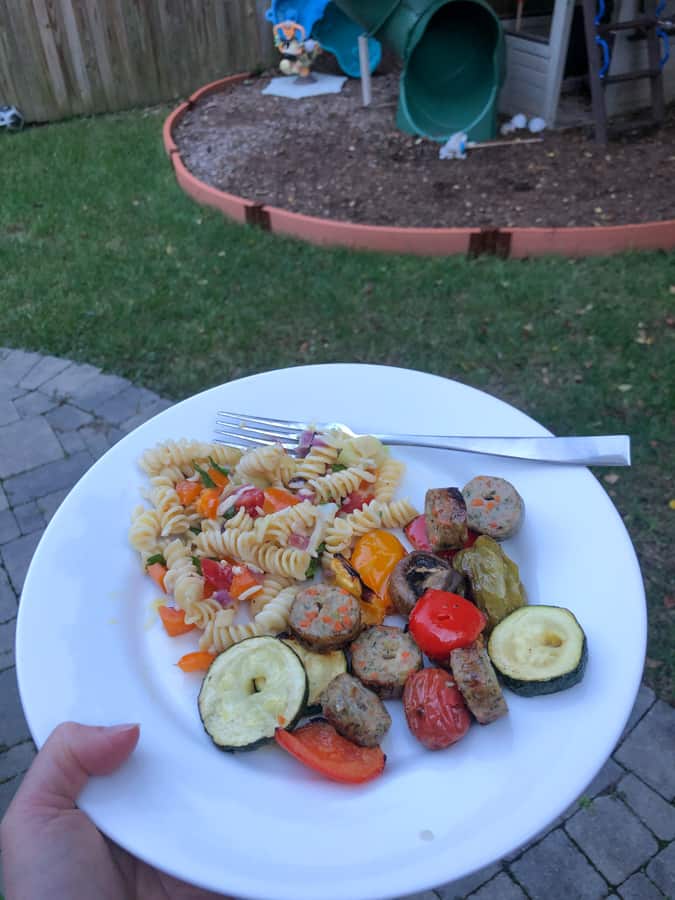 grilled sausage, veggies, and pasta salad