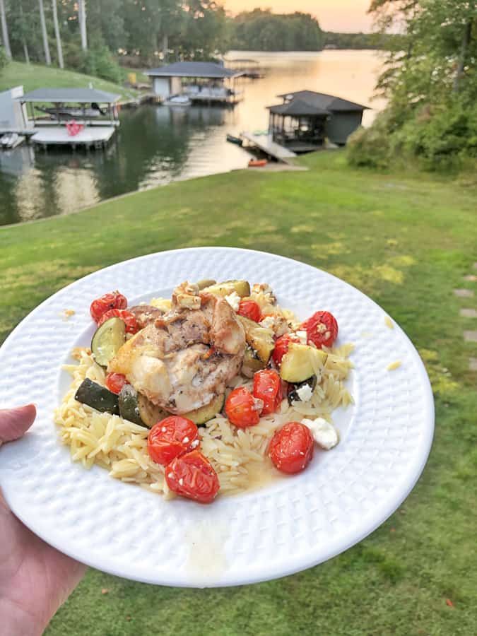mediterranean chicken with roasted veggies and orzo