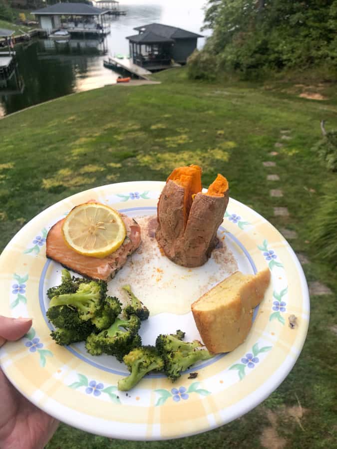 cedar plank lemon salmon with roasted broccoli, cornbread, and sweet potato