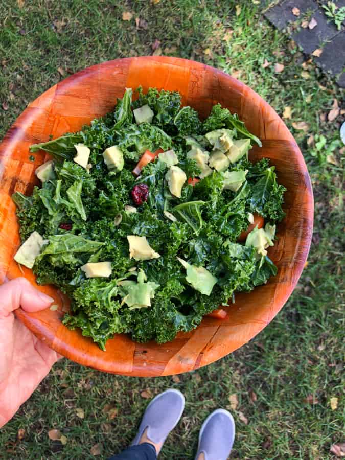 easy massage kale salad with avocado, dried cranberry, pumpkin seeds, and red pepper