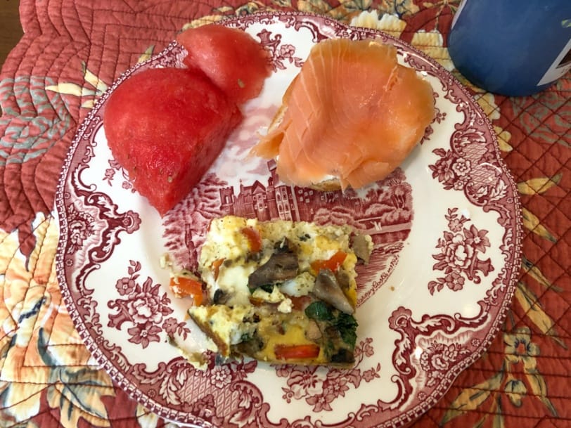 veggie frittata with smoked salmon bagel and watermelon