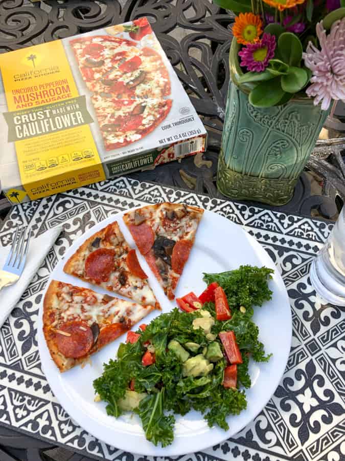 cpk pepperoni pizza, kale salad