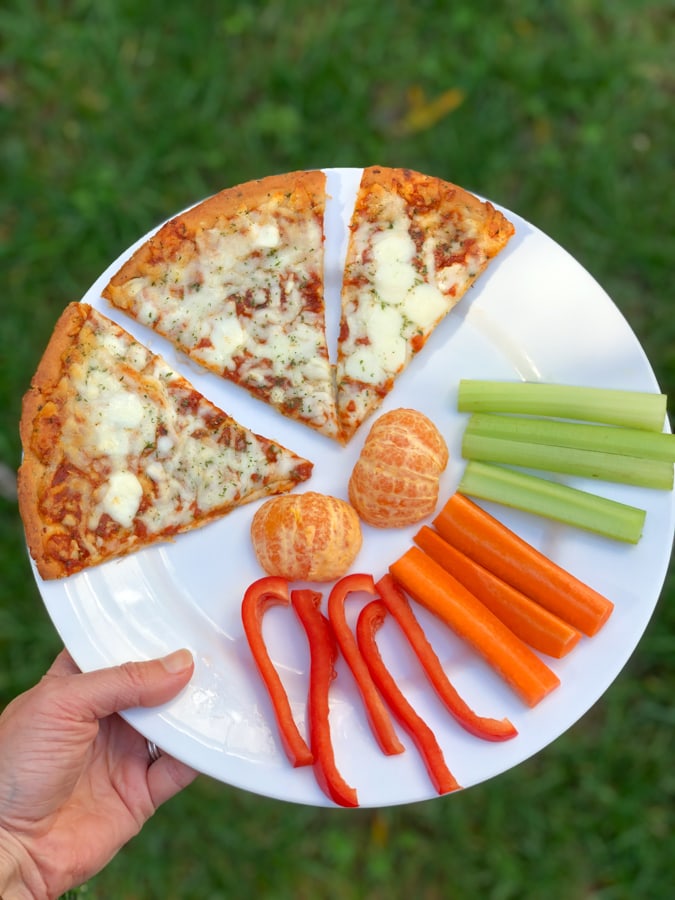CPK cheese pizza, veggies, fruit