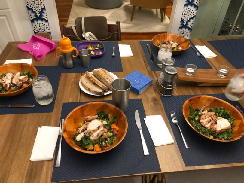 greek salads with watermelon chicken and bread