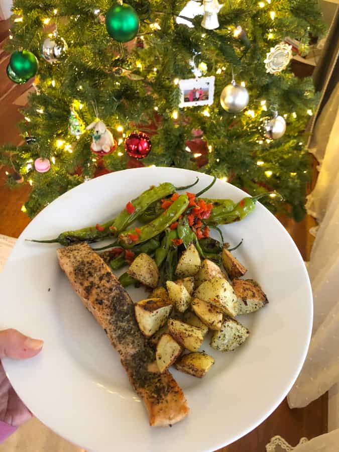 blue apron salmon dish with christmas tree