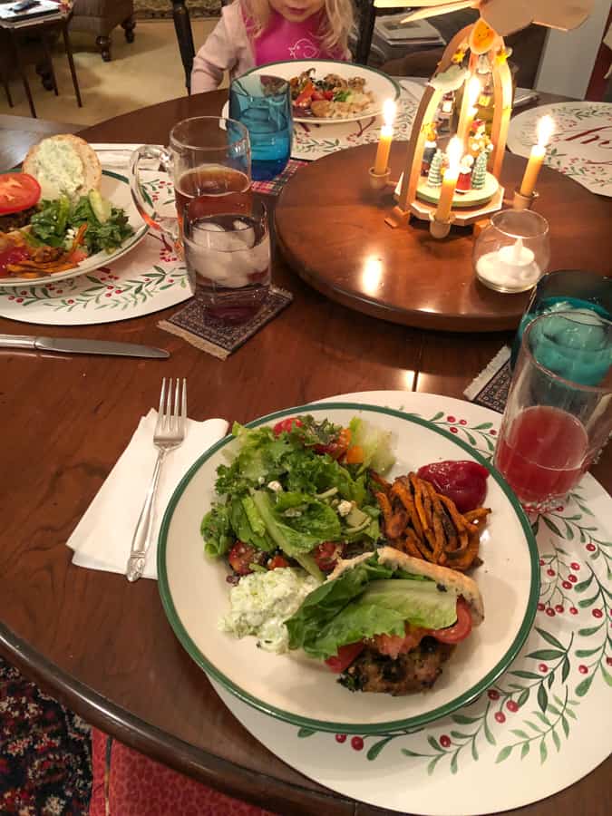 greek turkey burgers with sweet potato fries and salad