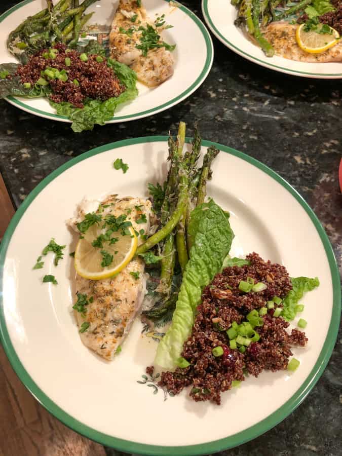 tilapia with parmesan asparagus and vegan cranberry quinoa salad