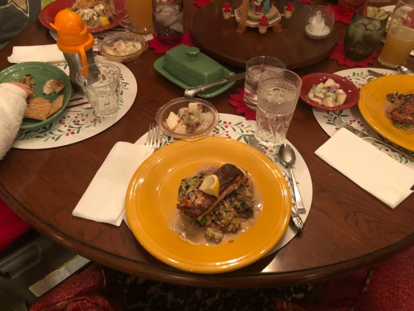 seared salmon with mushroom farro