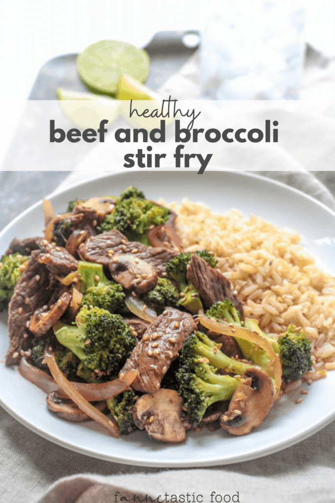 healthy beef and broccoli stir fry with brown rice and mushrooms