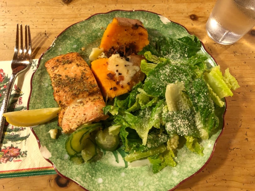 salmon with salad and sweet potatoes