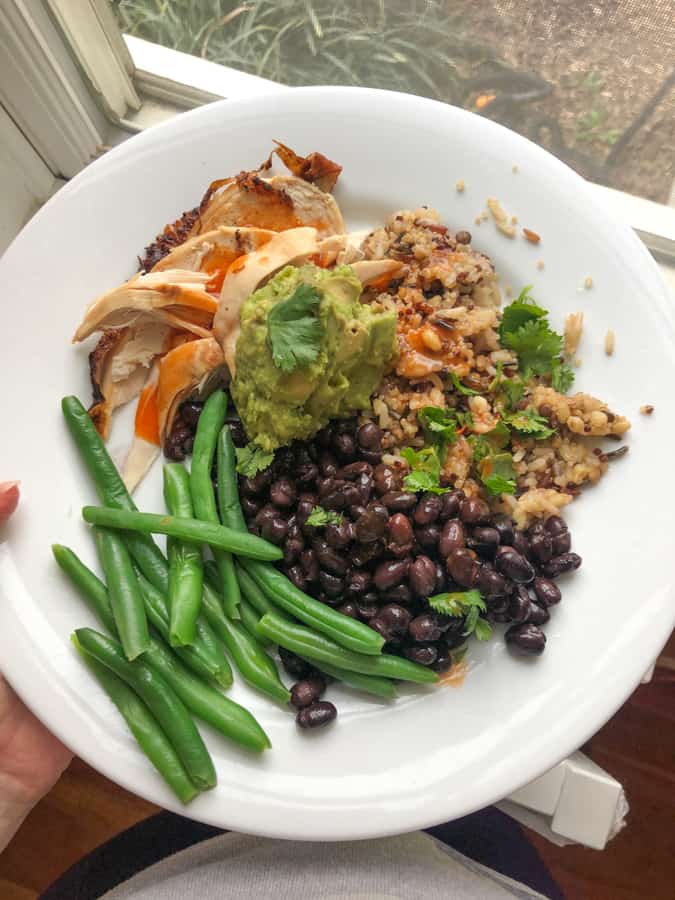rotisserie chicken, black beans, brown rice and lentils, string beans, guac, hot sauce