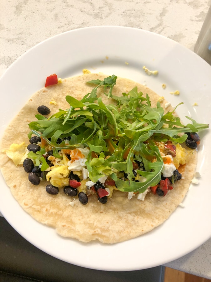black bean red pepper egg cheese arugula wrap