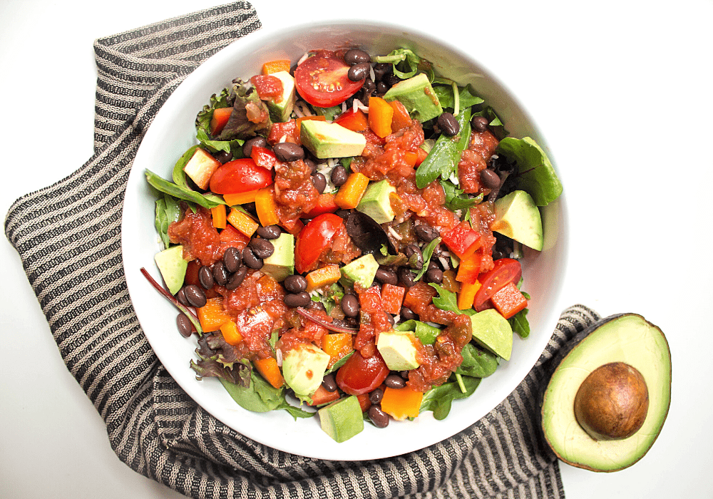 quick healthy dinner idea: mexican brown rice salad bowl with avocado
