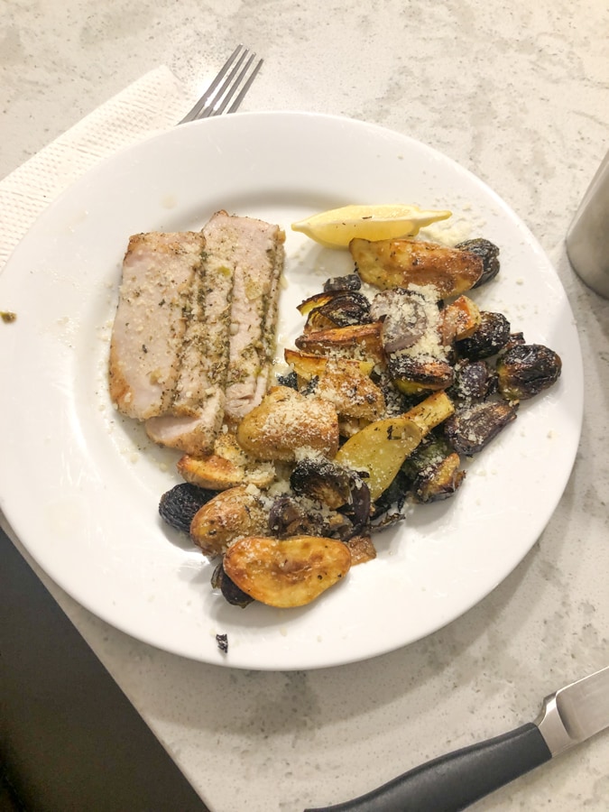 pork with roasted potatoes and brussels