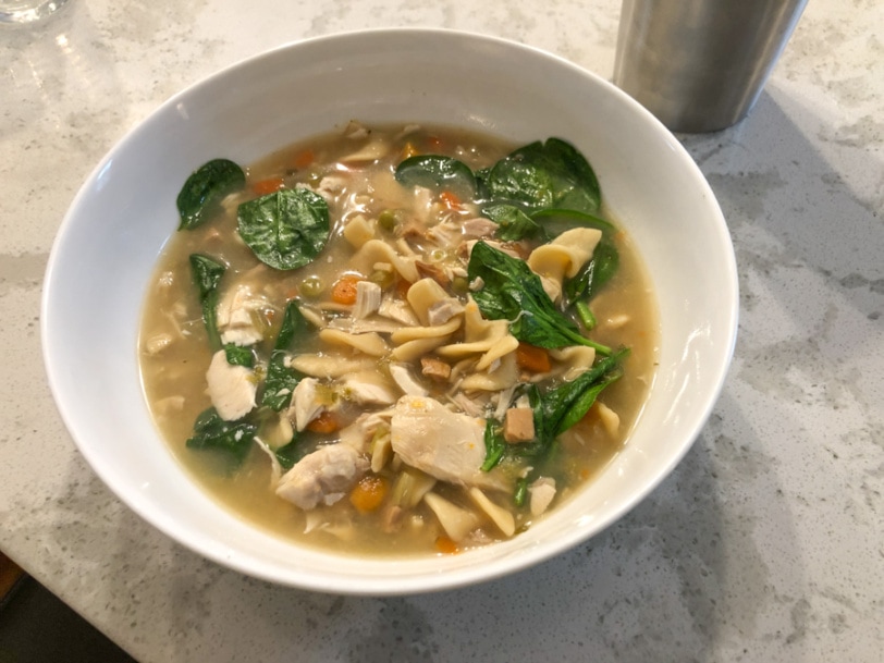 chicken noodle soup with extra chicken and spinach