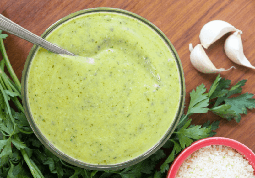 creamy Italian dressing with garlic cloves and herbs