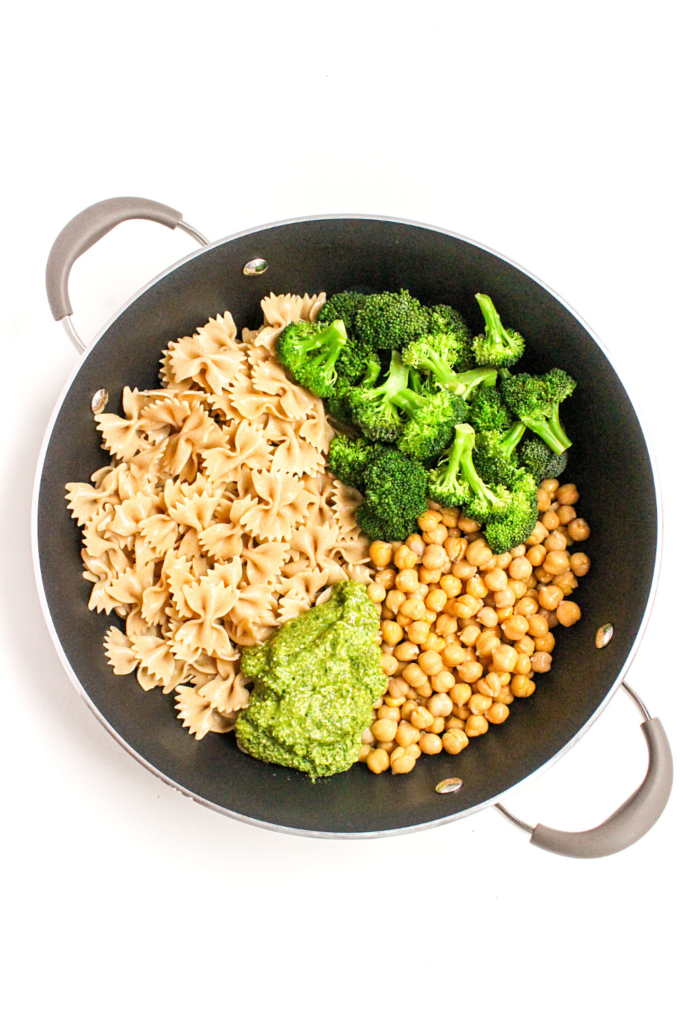 veggie pesto pasta in a skillet