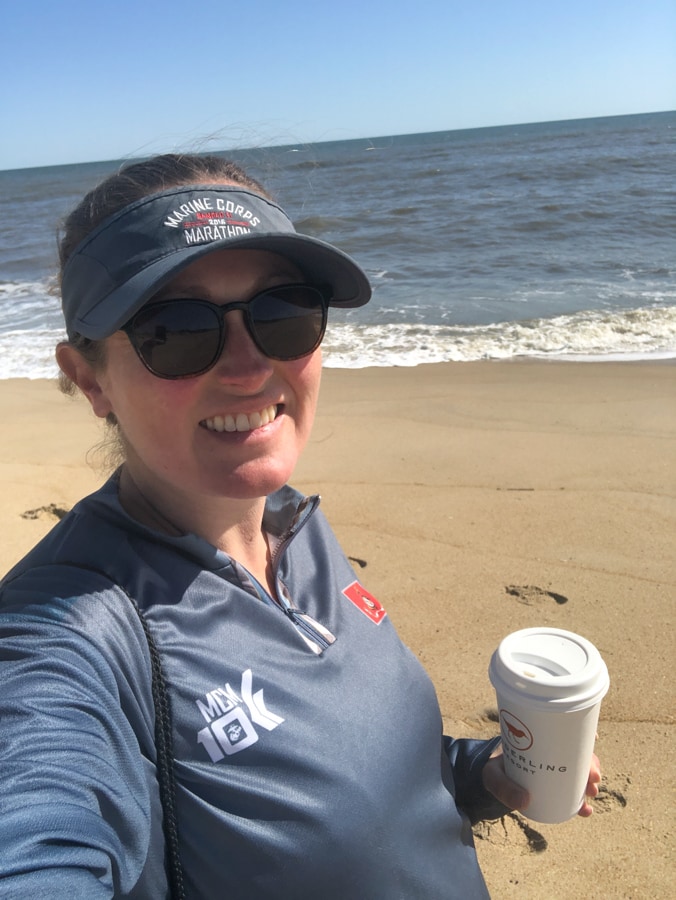 walking along the beach with green tea