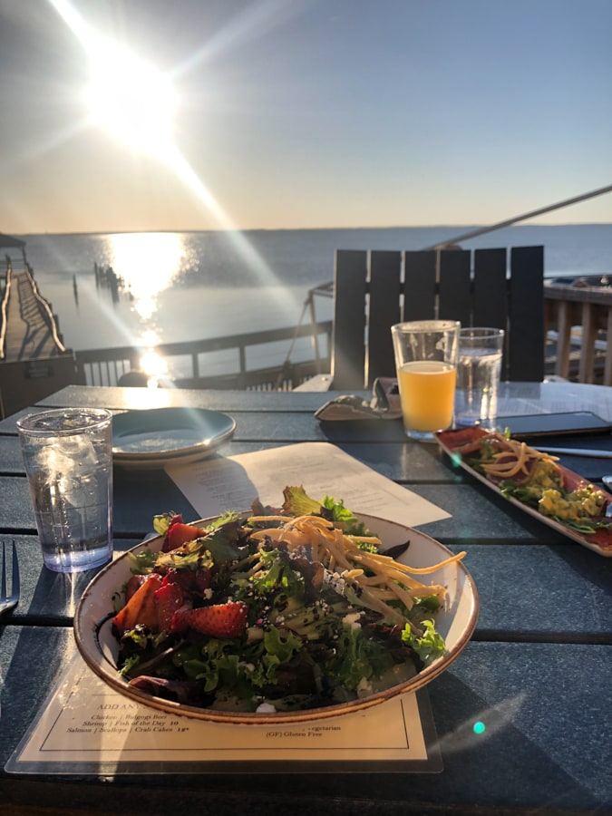 dinner salad with a sunset view at NC coast