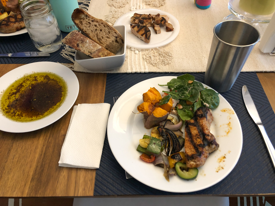 pork chops with sweet potatoes and spinach salad