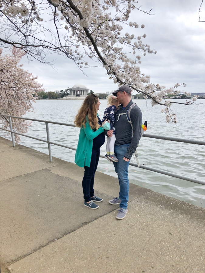 family photo at the tidal basin cherry blossoms