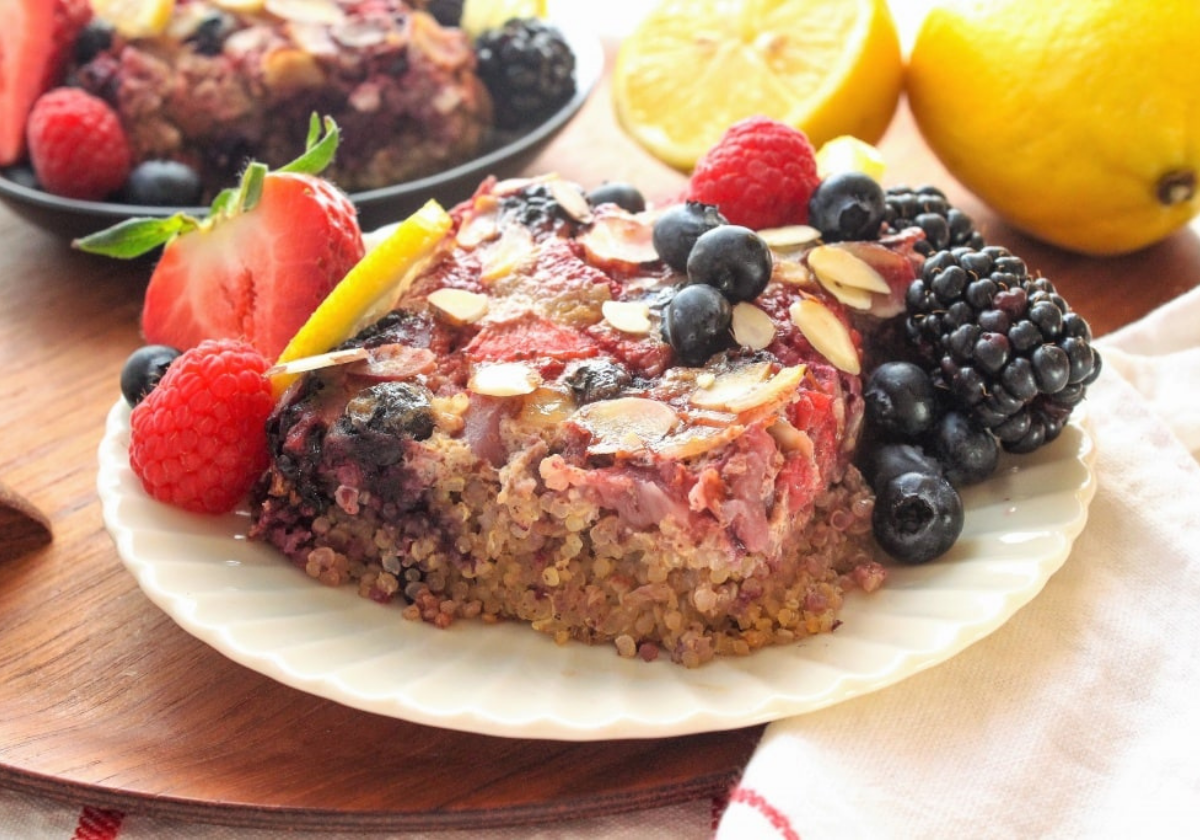 a square slice of berry lemon quinoa breakfast bake