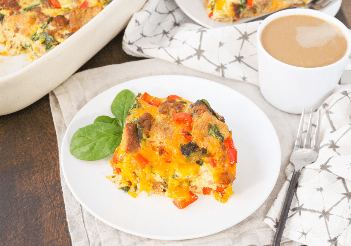 slice of sausage egg breakfast casserole on a white plate