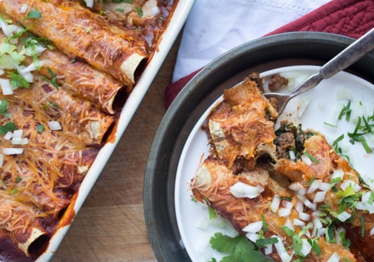 walnut mushroom enchiladas in a baking dish