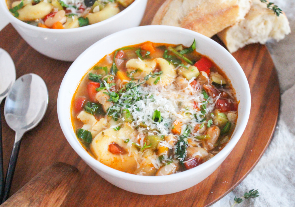 vegetarian tortellini soup with parmesan