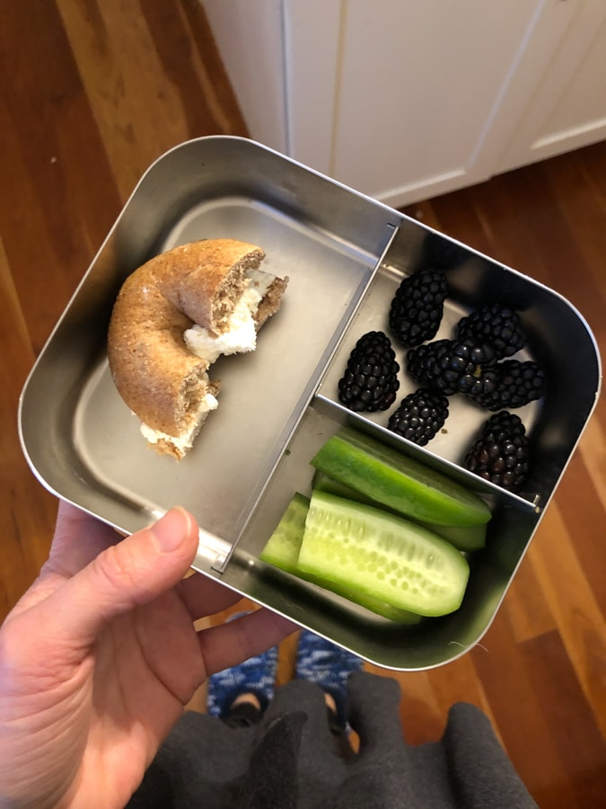 kid snack box with bagel, cucumbers, blackberries