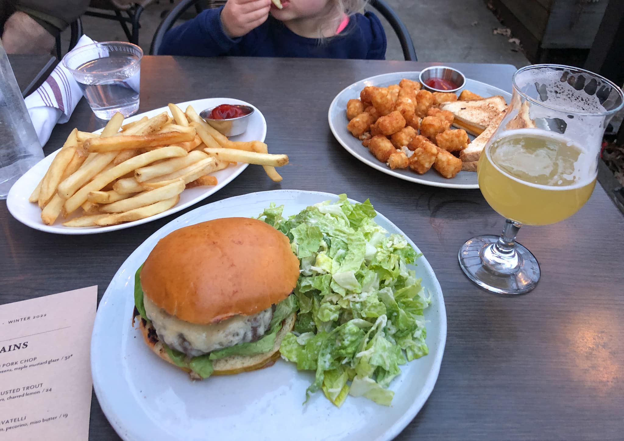 burger with salad and fries
