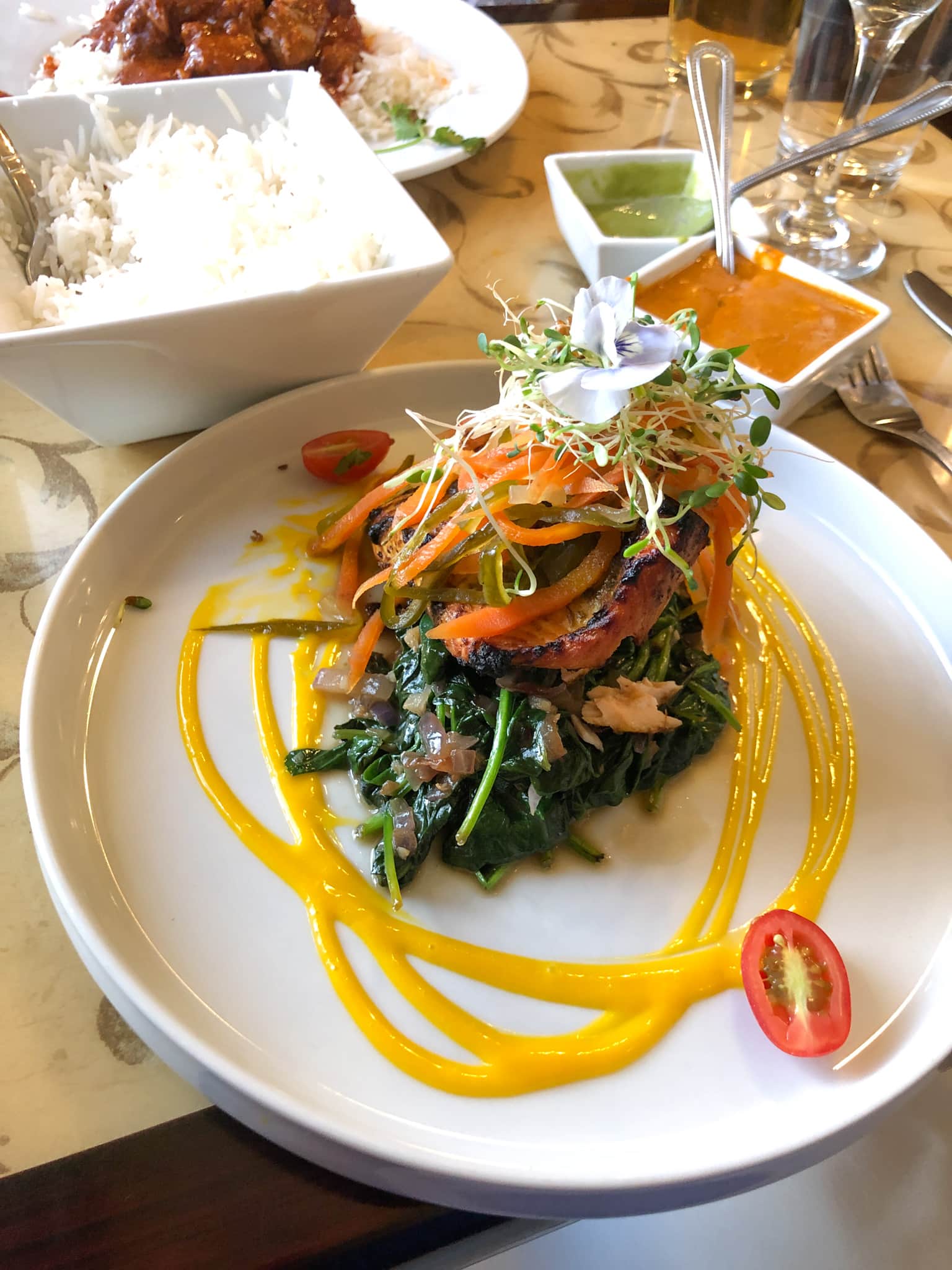 spice kraft indian bistro del ray - salmon with spinach