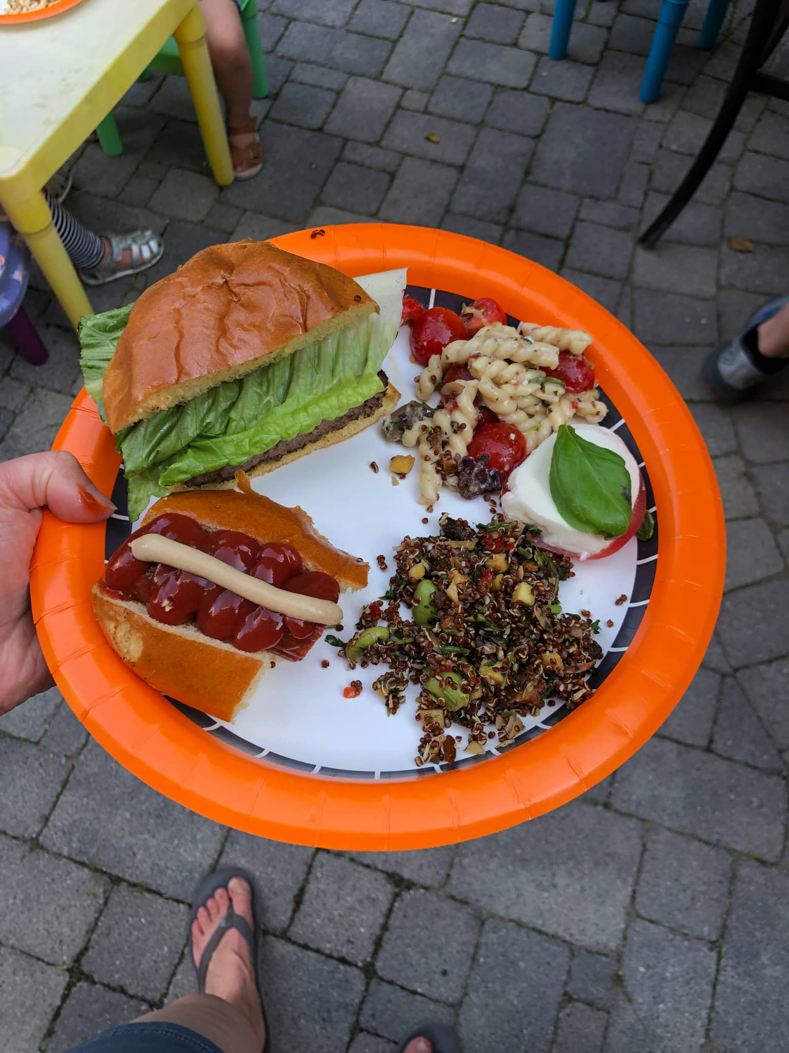 burger, hot dog, and salads
