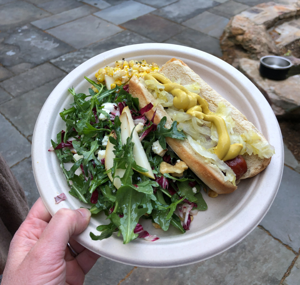a plate with salad, corn, and a hot dog with sauerkraut.