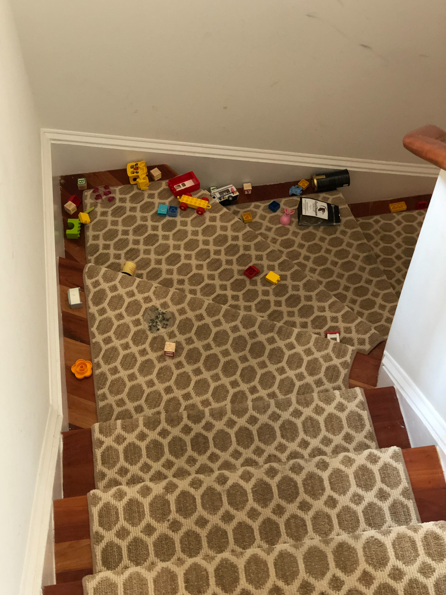 toys that were thrown down the stairs.