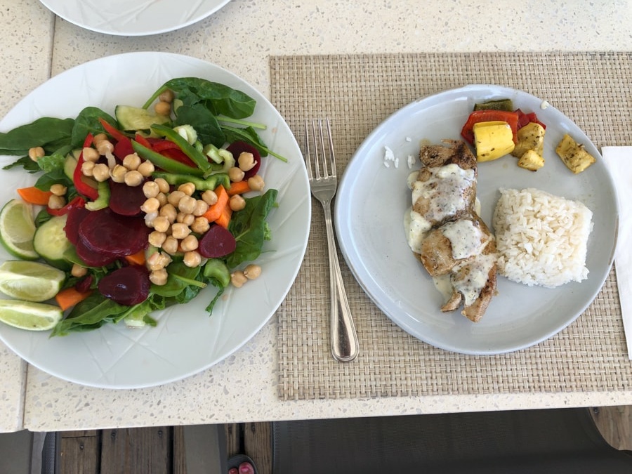 salad bar salad and fish with rice and veggies