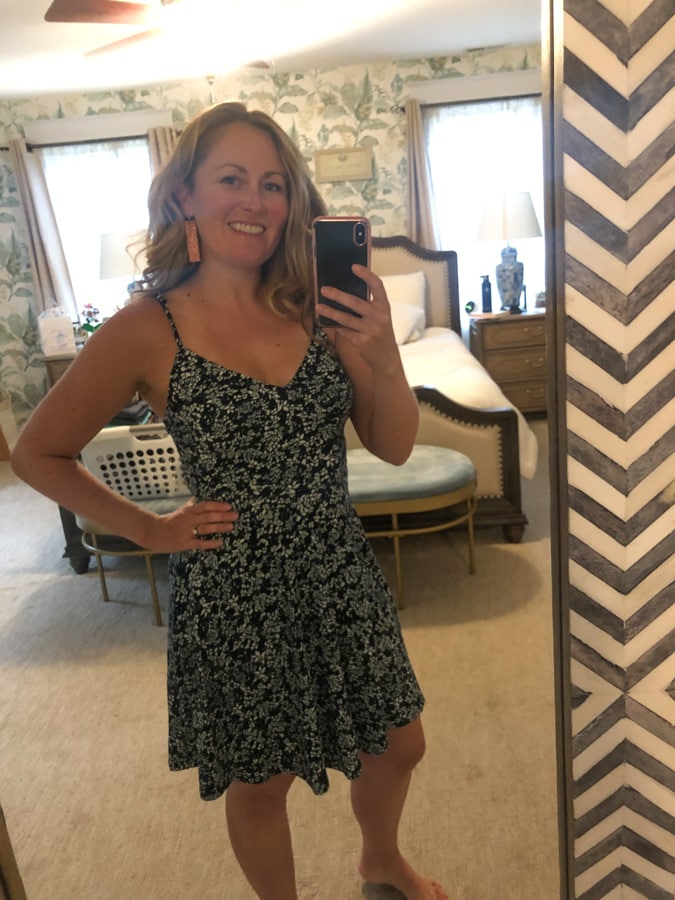 wearing a dress from stitch fix