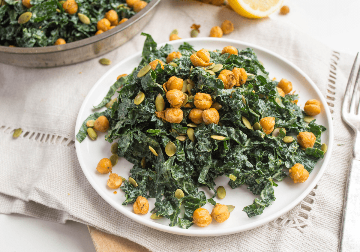 kale caesar salad with chickpea croutons