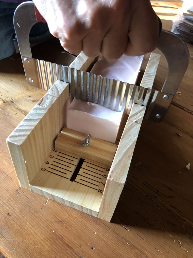 cutting homemade soap