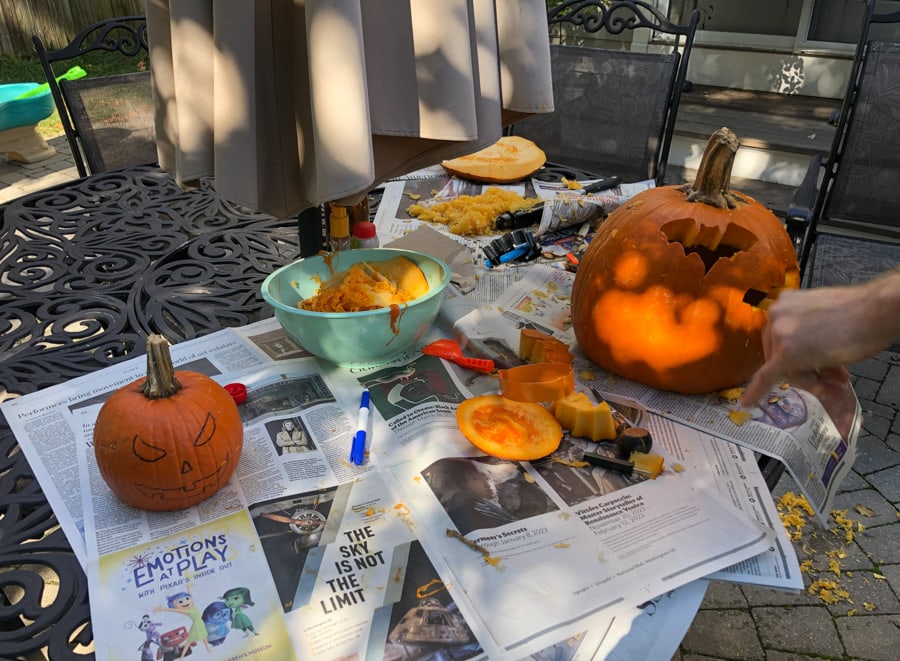 pumpkin carving in process