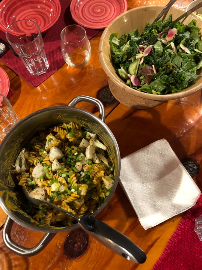 pasta with roasted vegetables and salad
