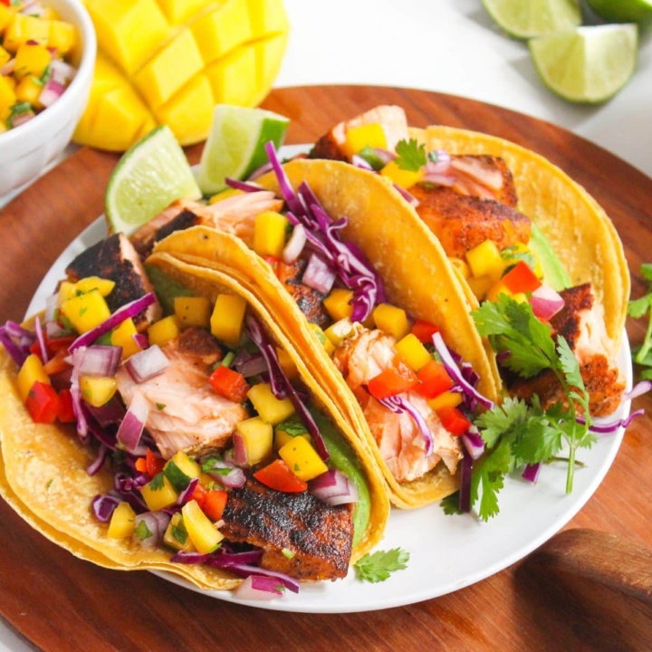 Blackened Salmon Tacos with Mango Salsa (Grilled or Stovetop)