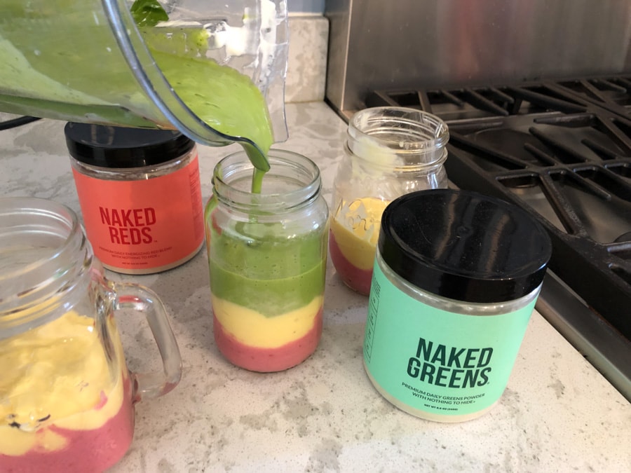 making a rainbow smoothie with naked greens and naked reds