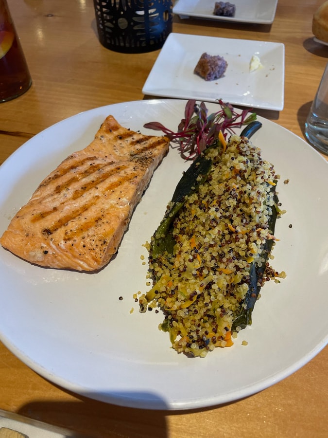 roasted poblano pepper with quinoa and salmon from ojo santa fe