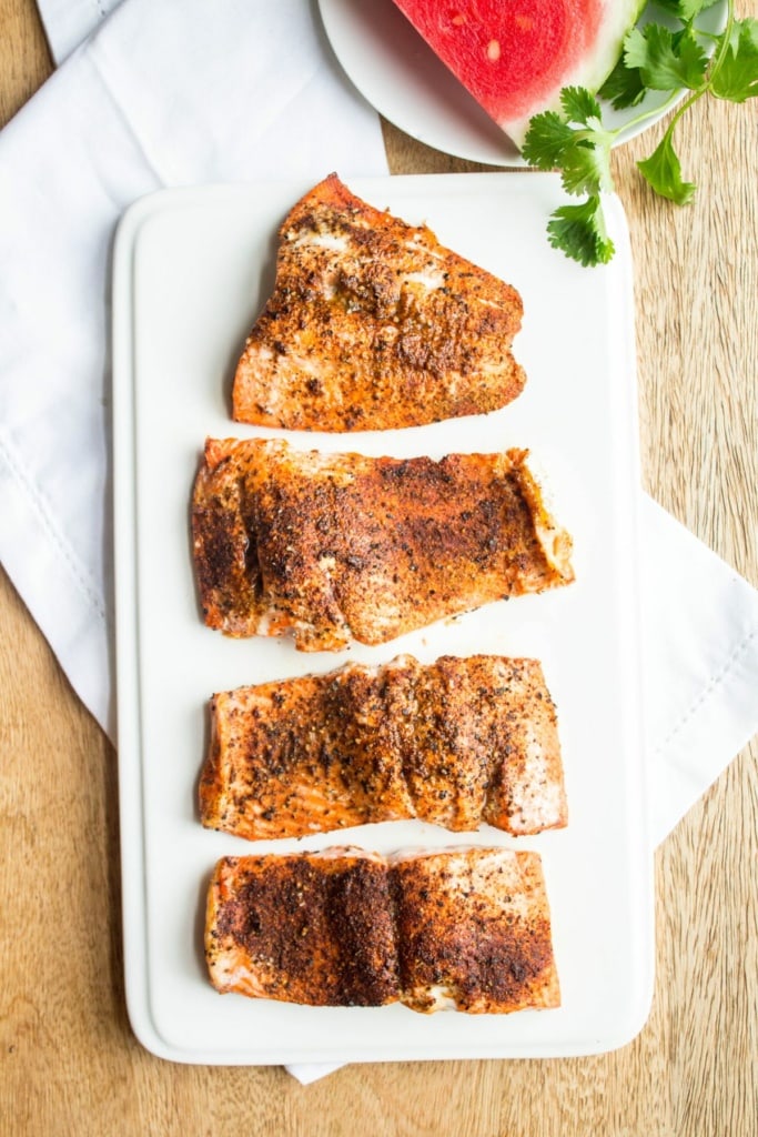roasted salmon on a white platter