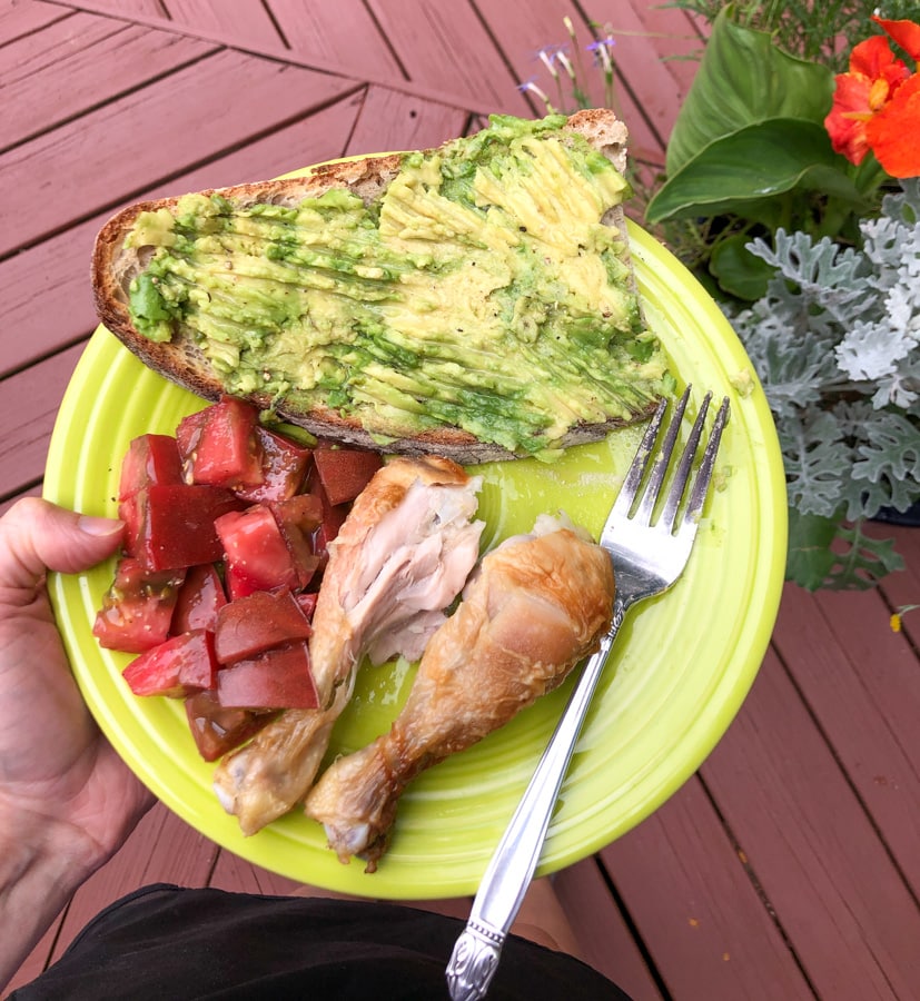 chicken with tomatoes and avocado toast