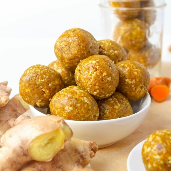 dairy free turmeric ginger snack bites in a bowl