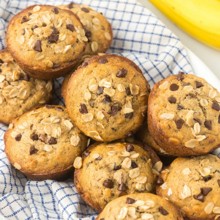 pile of gluten free banana muffins with chocolate chips and oats